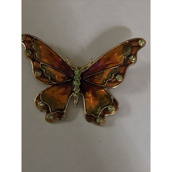 Vtg Monet Monarch Butterfly Brooch Poured Glass Enamel Rhinestone Figural 2.25” - Picture 5 of 6